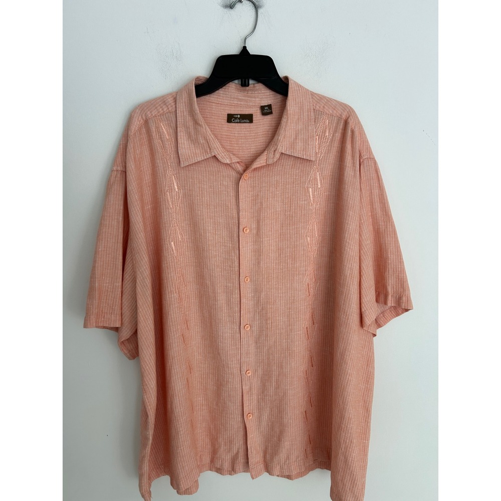 Cafe Luna Mens 3XL Peach Coral Embroidered Short Sleeve Guayabera Camp Shirt
